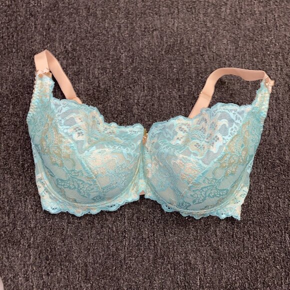 38H*DLV*Lacy Blue-Green/Beige Balconette Lightly Lined Bra - Picture 1 of 8